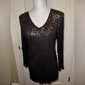 Alex Marie Black Metallic Gold Splatter Pullover Stretch Tee Top S